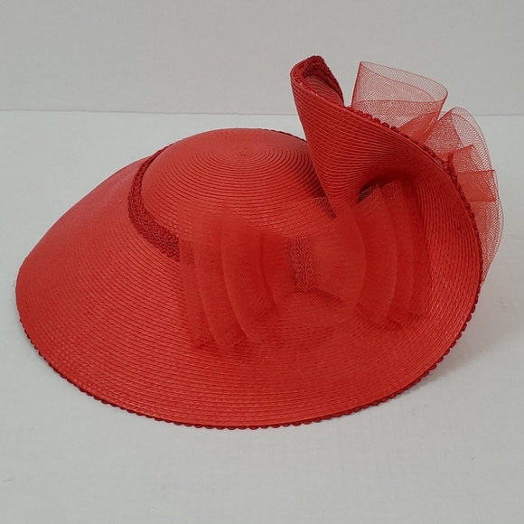 Vintage Red Lace Straw Hat Polyester 21" Elegant Luxury Accessory - Picture 2 of 7